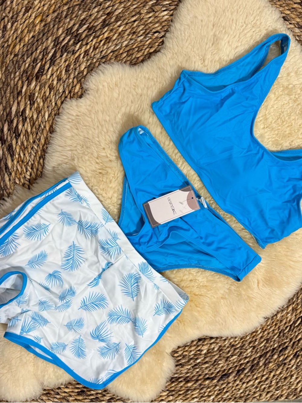 Girls Bright Blue Two-Piece Swim Set with Palm-Print Cover-Up